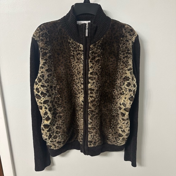 Draper's and Damon’s Brown Faux Leopard Full Zip Sweater Cardigan Sz. Medium EUC - Picture 1 of 7